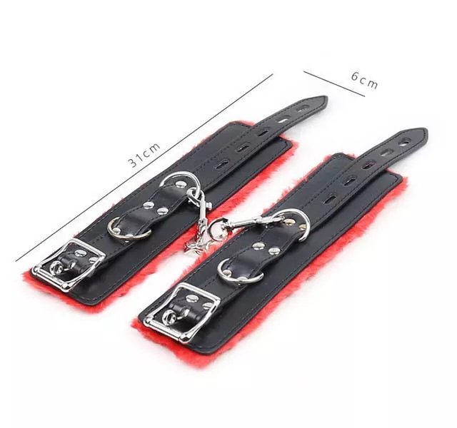 JOYGASMS Black Leather Lockable Ankle cuffs lined with Red Faux Fur