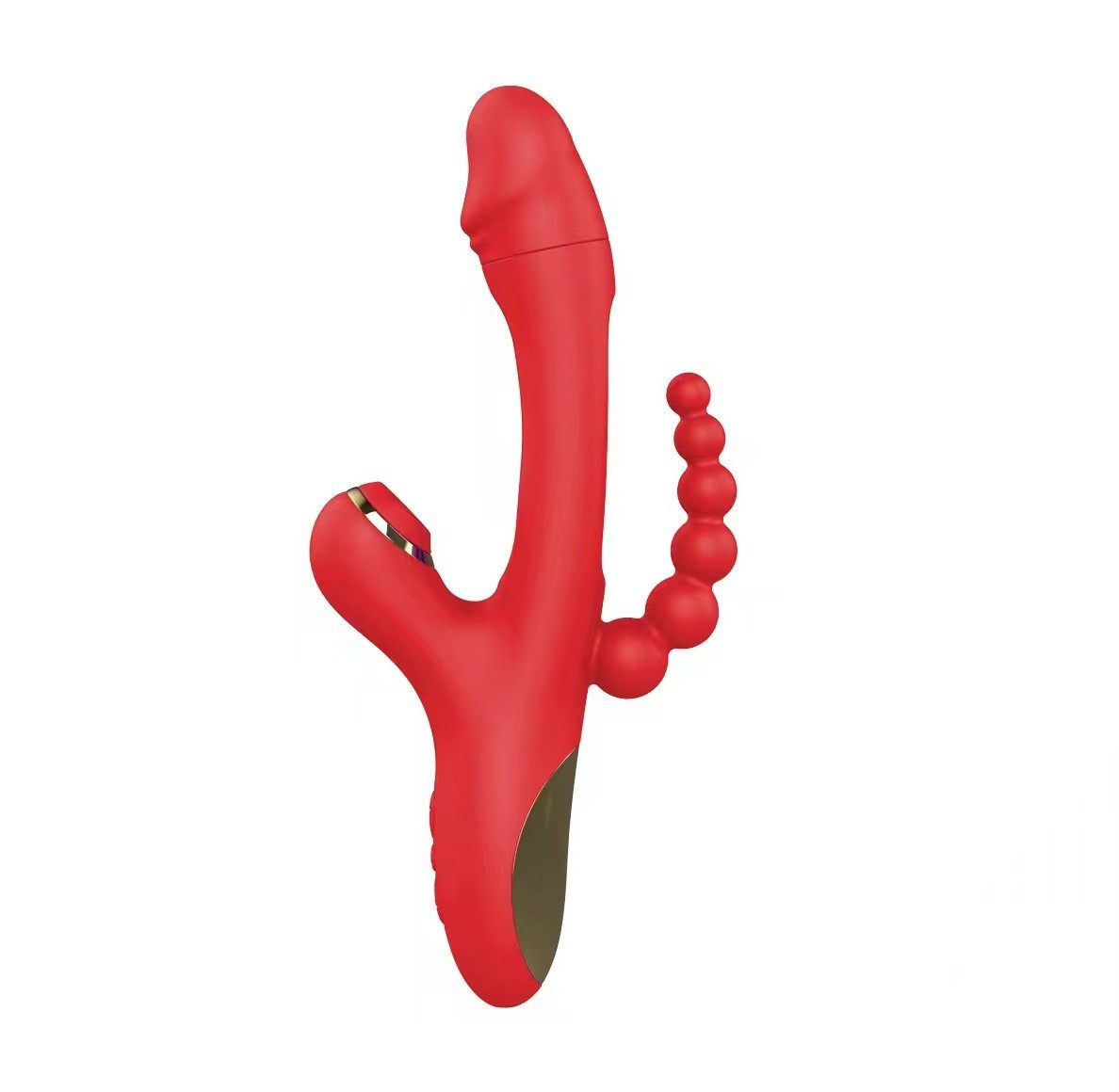 V-shaped suction vibrating dildo with anal beads included.